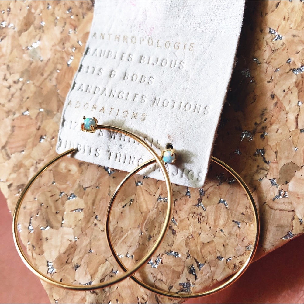 Anthropologie Opal & Gold Plated Hoop Earrings